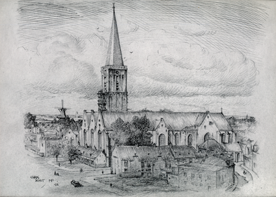 863362 Gezicht op het westelijke gedeelte van de Jacobikerk te Utrecht met een gefingeerde torenspits, vanaf de St. ...